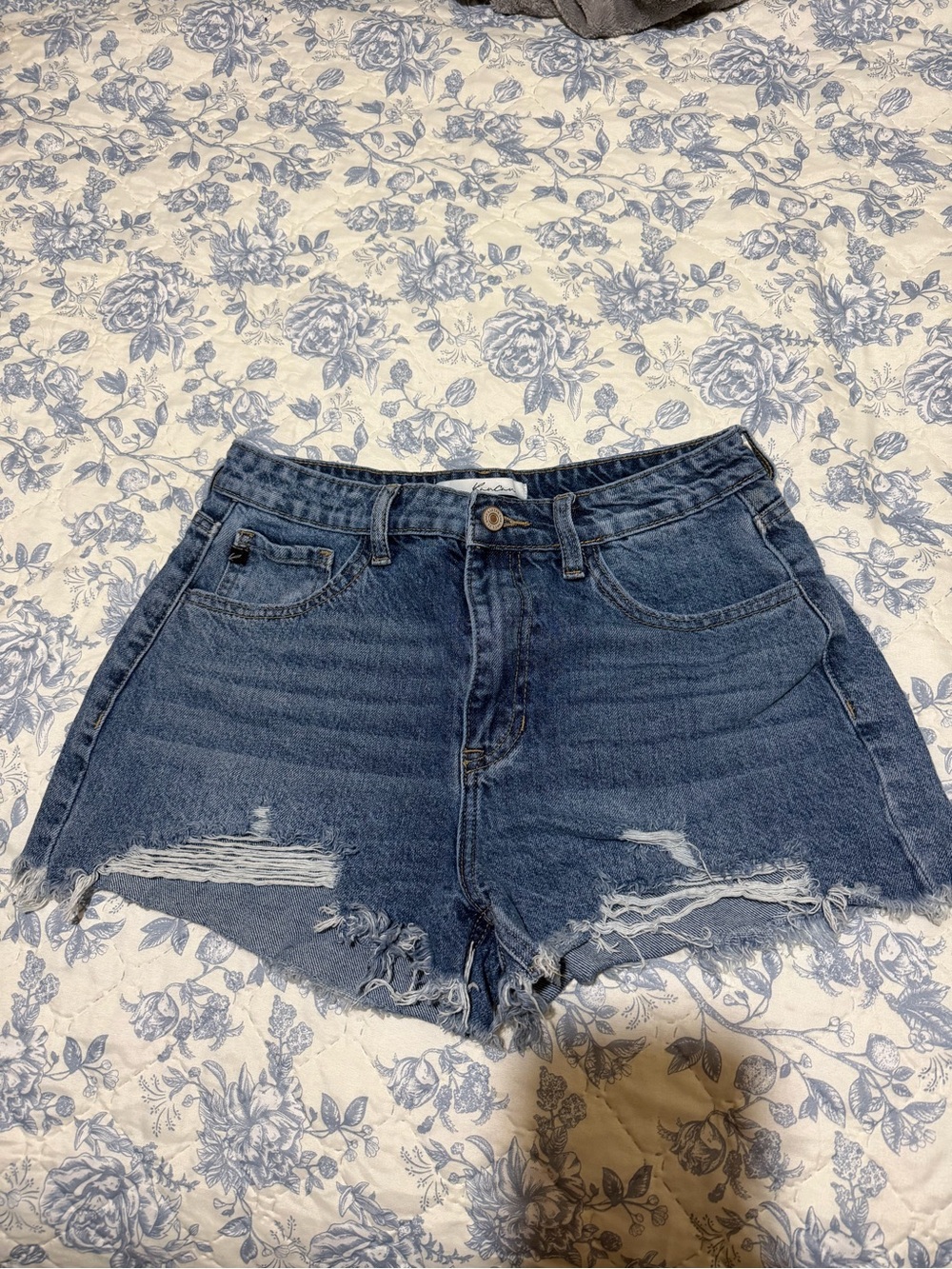 KanCan Distressed High-Rise Denim Shorts - Blue